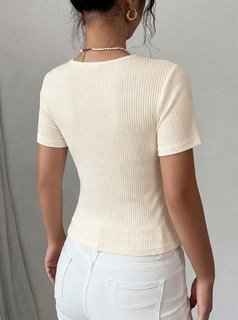 Back view of the ivory square-neck short-sleeve fitted top, showing the silhouette and fit.