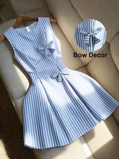 Alternate flat lay of the blue striped bow-waist sleeveless fit-and-flare mini dress, showing the garment shape and available styling.