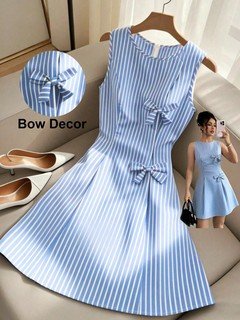 Styled flat lay of the blue striped bow-waist sleeveless fit-and-flare mini dress, showing the garment shape and available styling.