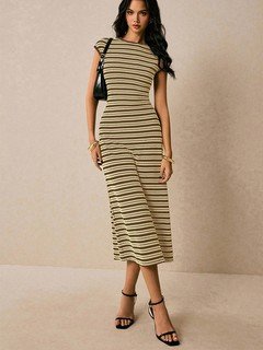Angled front view of the beige striped knit bodycon midi dress, showing its silhouette and design details.