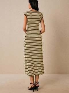 Back view of the beige striped knit bodycon midi dress, showing its silhouette and design details.