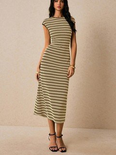 Front view of the beige striped knit bodycon midi dress, showing its silhouette and design details.