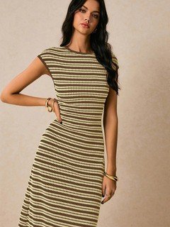 Full-length front view of the beige striped knit bodycon midi dress, showing its silhouette and design details.