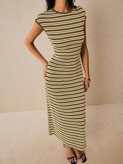 Styled front view of the beige striped knit bodycon midi dress, showing its silhouette and design details.