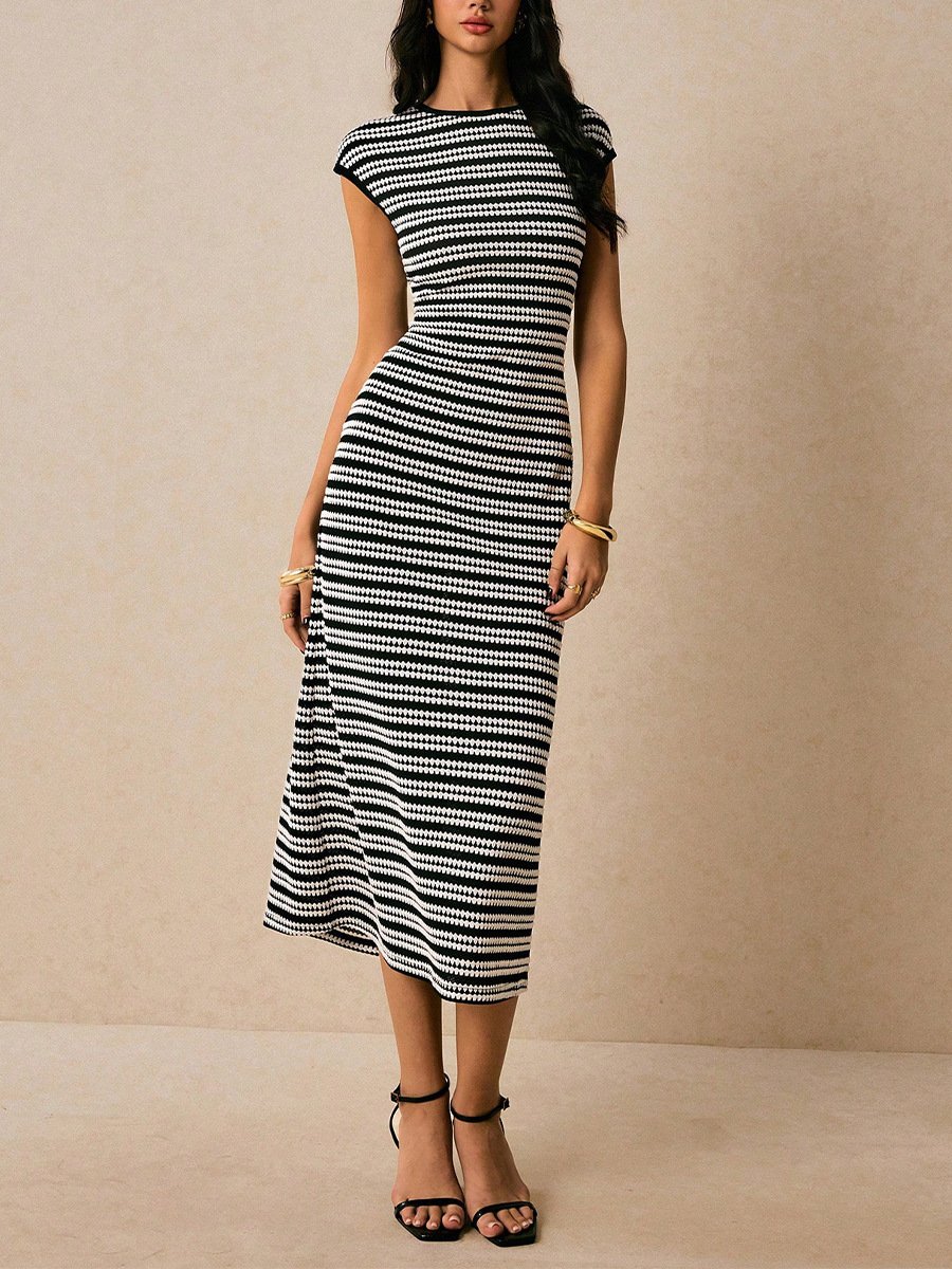 Front view of the black and white striped knit bodycon midi dress, showing its silhouette and design details.