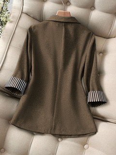 Garment back view of the brown striped-cuff three-quarter-sleeve tailored blazer, showing the silhouette and fit.