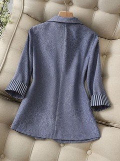 Garment back view of the gray striped-cuff three-quarter-sleeve tailored blazer, showing the silhouette and fit.