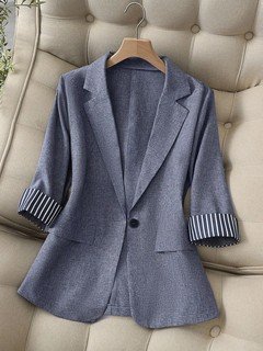 Garment front view of the gray striped-cuff three-quarter-sleeve tailored blazer, showing the silhouette and fit.