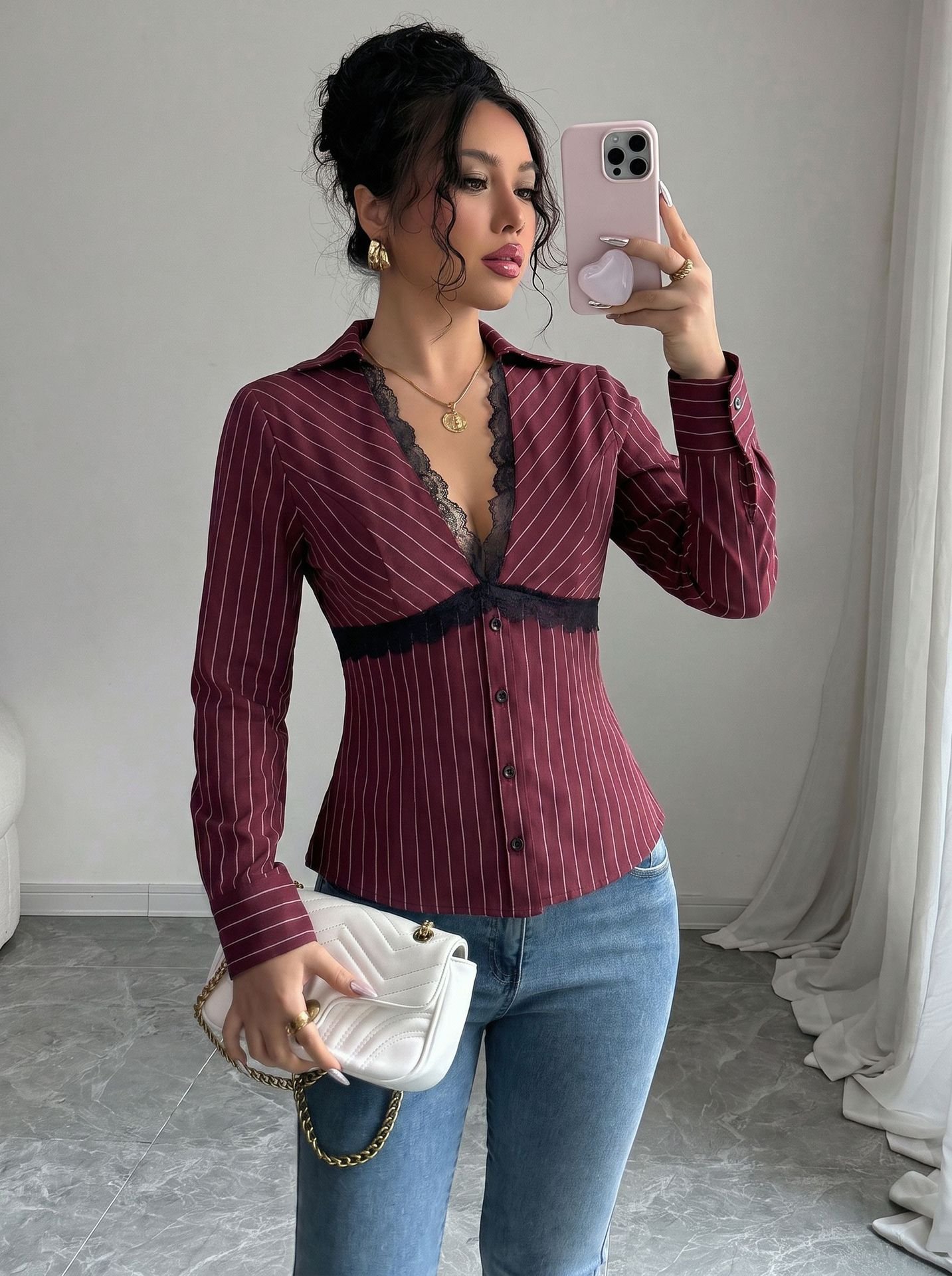 Burgundy Striped Lace-Trim V-Neck Long-Sleeve Top – Front View Front view of the burgundy striped lace-trim v-neck long-sleeve top, showing the silhouette and fit.