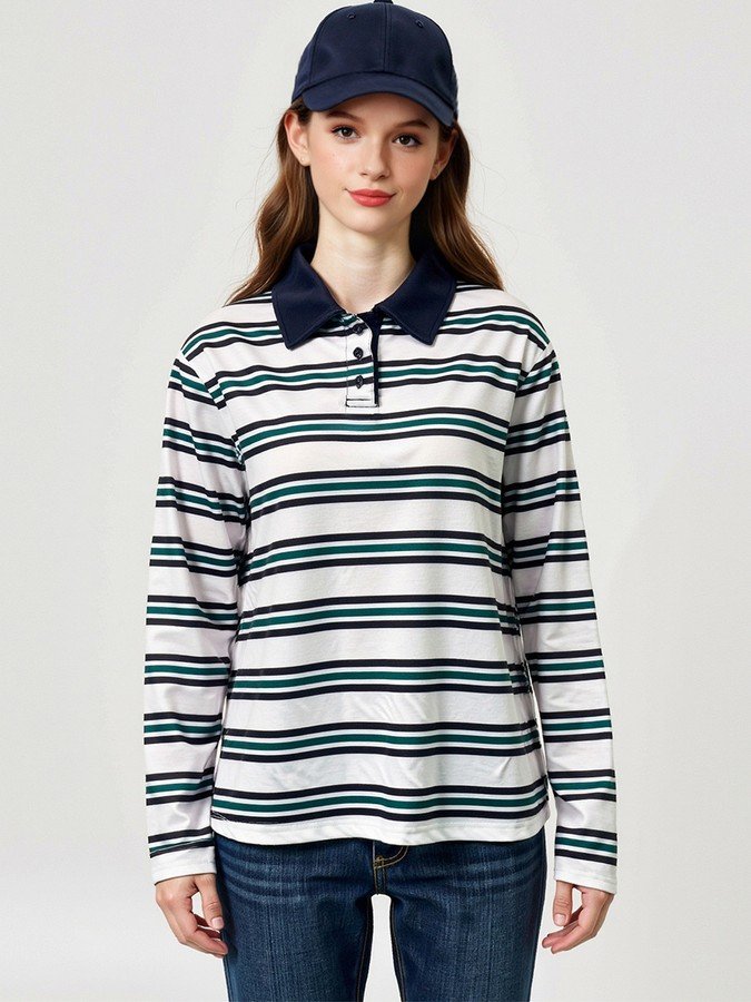 Front view of the white and navy striped long-sleeve polo shirt, showing its silhouette and design details.