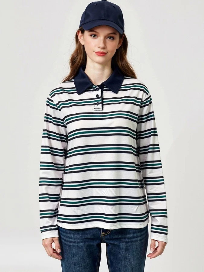 Front view of the white and navy striped long-sleeve polo shirt, showing its silhouette and design details.
