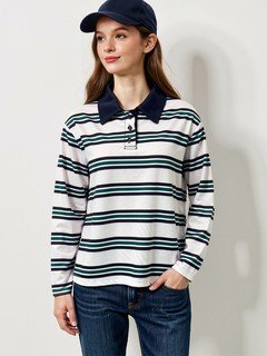 Angled front view of the white and navy striped long-sleeve polo shirt, showing its silhouette and design details.
