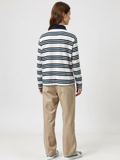 Back view of the white and navy striped long-sleeve polo shirt, showing its silhouette and design details.