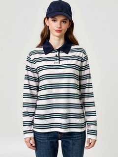 Front view of the white and navy striped long-sleeve polo shirt, showing its silhouette and design details.
