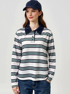 Full-length front view of the white and navy striped long-sleeve polo shirt, showing its silhouette and design details.
