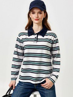 Lifestyle front view of the white and navy striped long-sleeve polo shirt, showing its silhouette and design details.