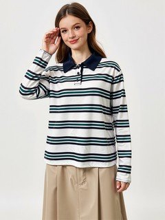 Styled front view of the white and navy striped long-sleeve polo shirt, showing its silhouette and design details.