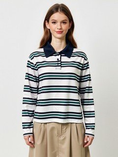 Three-quarter front view of the white and navy striped long-sleeve polo shirt, showing its silhouette and design details.