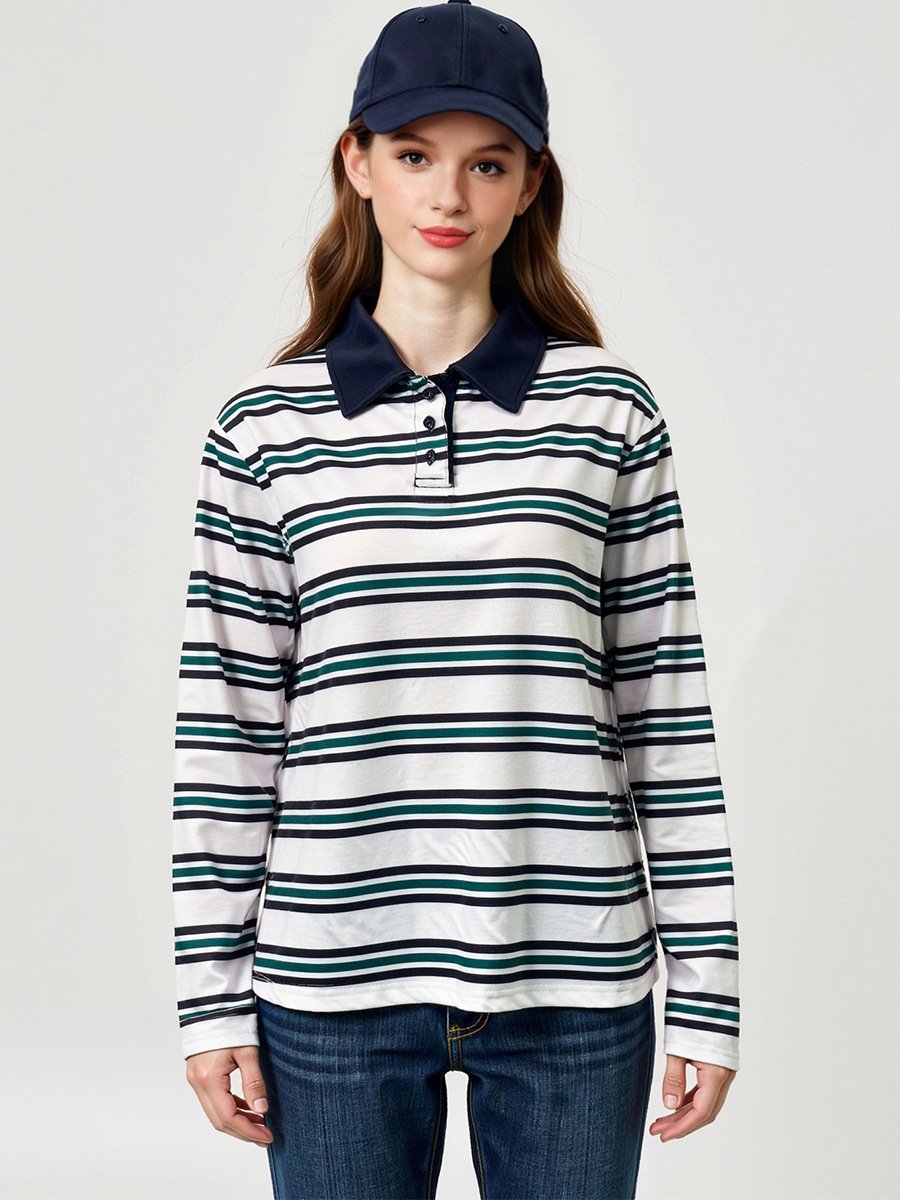 White And Navy Striped Long-Sleeve Polo Shirt – Front View Front view of the white and navy striped long-sleeve polo shirt, showing its silhouette and design details.
