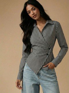 Front silhouette view of the black and white striped asymmetric wrap shirt, showing its silhouette and design details.