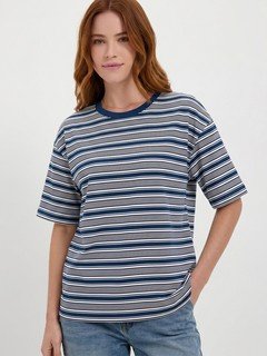 Front view of the blue and gray striped oversized crew-neck tee, showing its silhouette and design details.