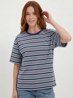 Lifestyle front view of the blue and gray striped oversized crew-neck tee, showing its silhouette and design details.