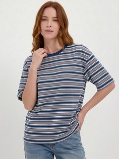 Styled front view of the blue and gray striped oversized crew-neck tee, showing its silhouette and design details.