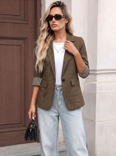 Full length front view of the brown striped three-quarter-sleeve single-button blazer, showing the silhouette and fit.