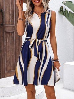 Front view of the navy striped v-neck belted sleeveless mini dress, showing the silhouette and fit.