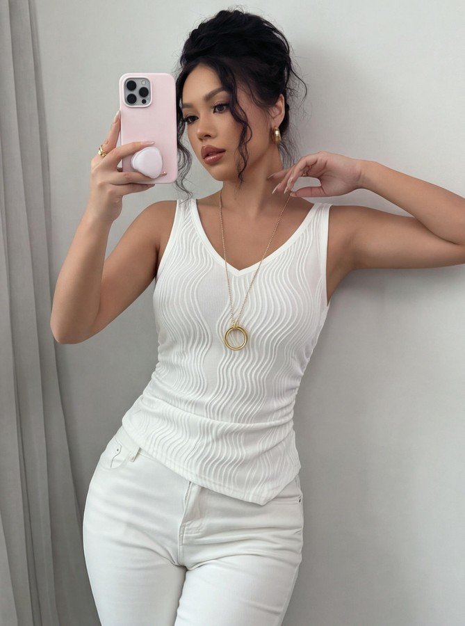 Angled front view of the white textured v-neck ruched sleeveless tank top, showing the silhouette and fit.