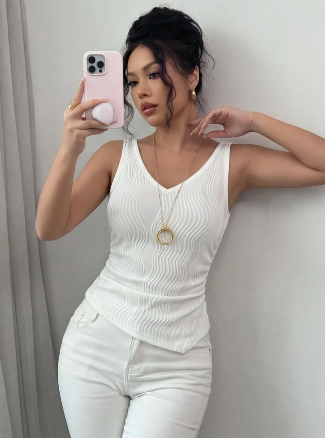 Angled front view of the white textured v-neck ruched sleeveless tank top, showing the silhouette and fit.