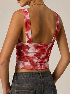 Back view of the red and white tie-dye v-neck cropped tank top, showing its silhouette and design details.