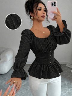 Front view of the black tie-neck corset peplum blouse, showing its silhouette and design details.