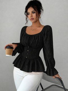Full-length front view of the black tie-neck corset peplum blouse, showing its silhouette and design details.
