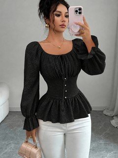 Styled front view of the black tie-neck corset peplum blouse, showing its silhouette and design details.