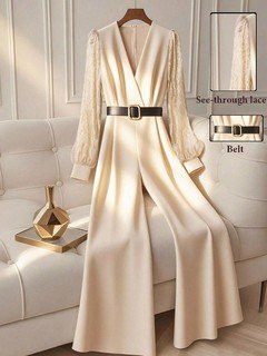 Garment front view of the ivory v-neck belted long-sleeve wide-leg jumpsuit, showing the silhouette and fit.