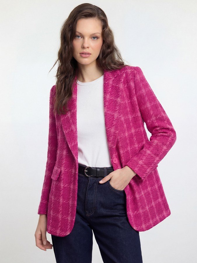 Front view of the fuchsia windowpane check tailored blazer, showing its silhouette and design details.