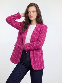 Angled front view of the fuchsia windowpane check tailored blazer, showing its silhouette and design details.