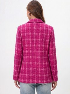 Back view of the fuchsia windowpane check tailored blazer, showing its silhouette and design details.