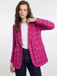 Full-length front view of the fuchsia windowpane check tailored blazer, showing its silhouette and design details.