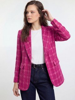 Lifestyle front view of the fuchsia windowpane check tailored blazer, showing its silhouette and design details.