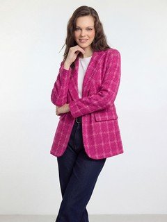Styled front view of the fuchsia windowpane check tailored blazer, showing its silhouette and design details.