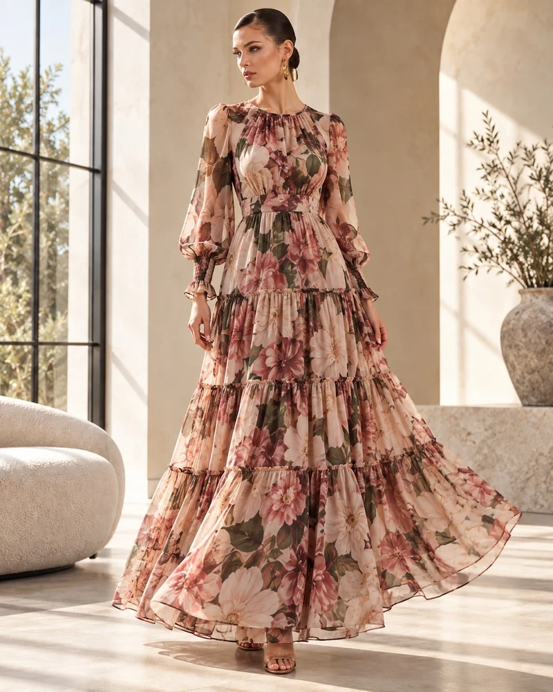 Women's floral tiered chiffon dress with lightweight A-line construction