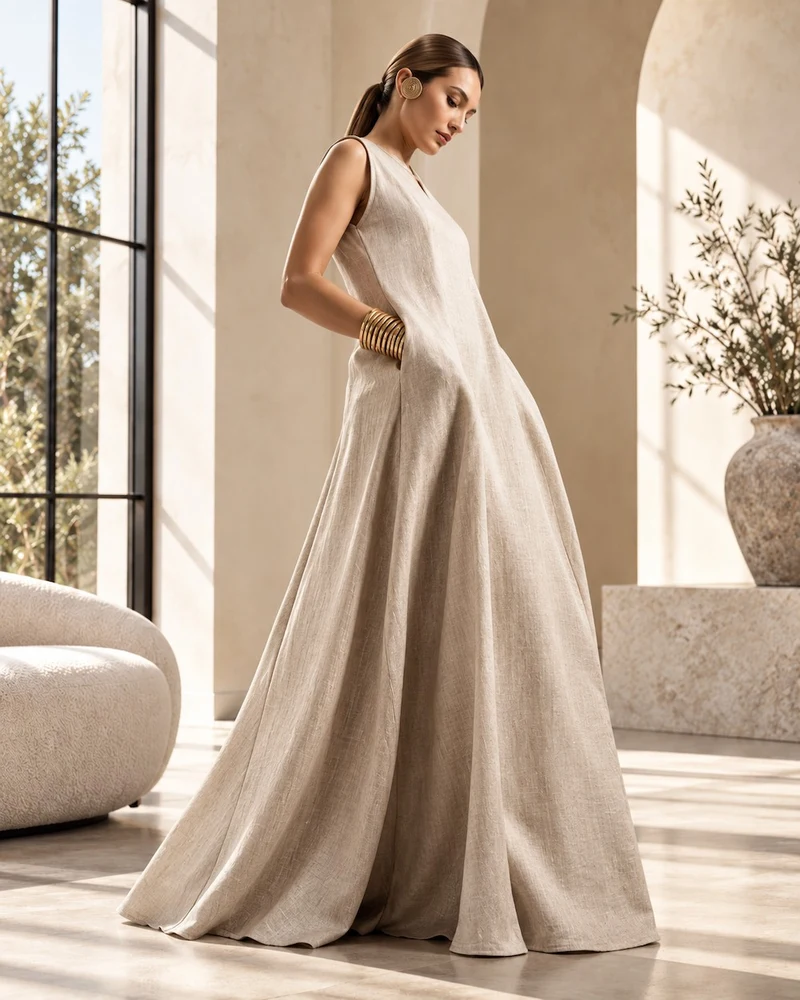 Women's linen-blend maxi dress with flowing A-line silhouette and natural texture