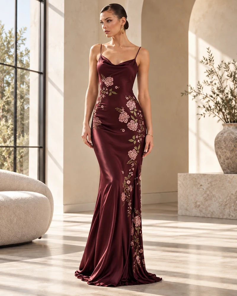 Women's satin slip dress with bias-cut silhouette and fluid drape