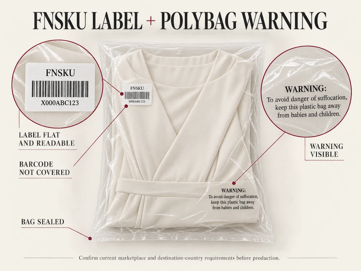 Close up of FNSKU label and polybag warning text Close up of FNSKU label and polybag warning text