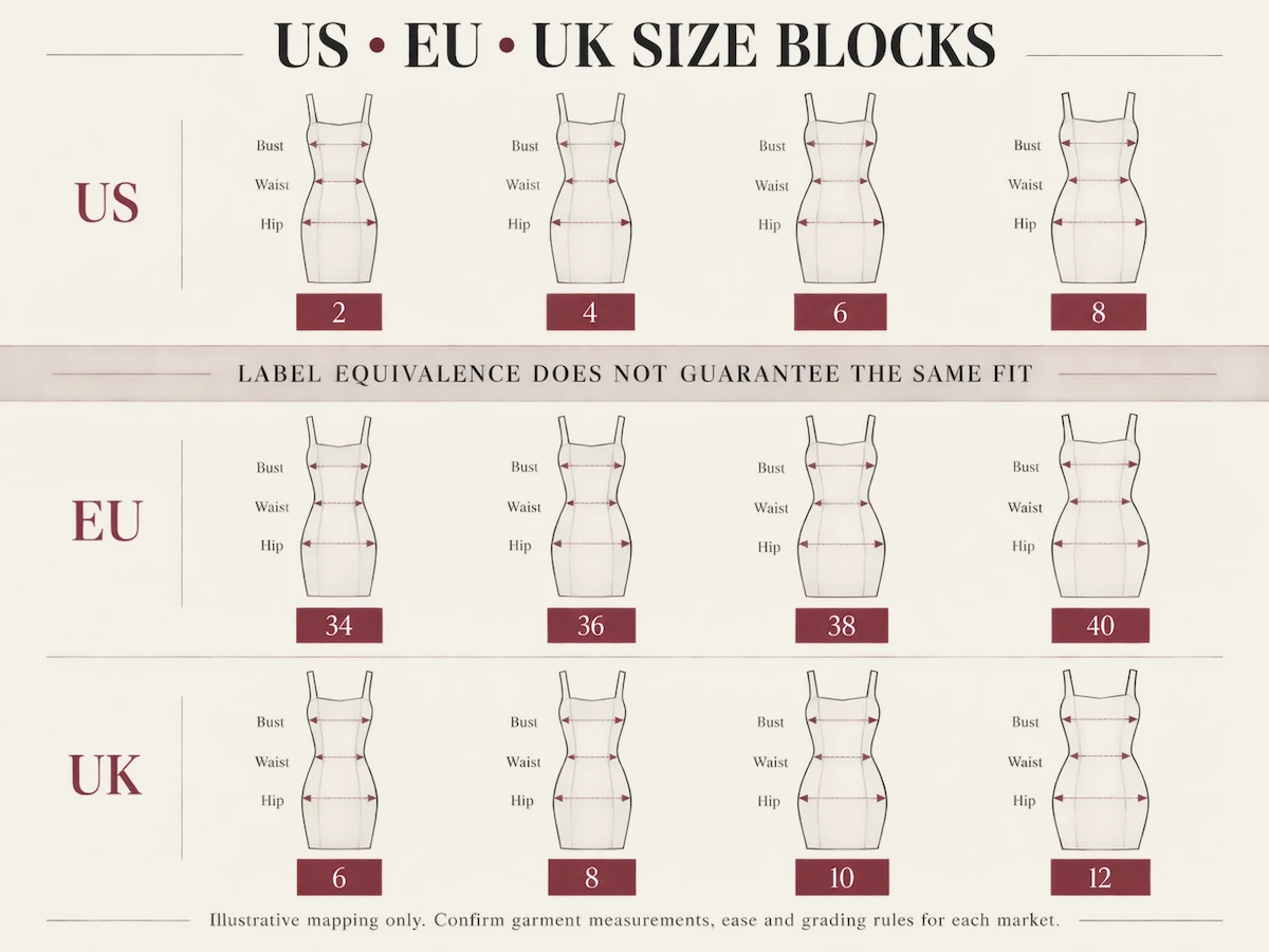 Comparison of US, EU and UK dress size blocks Comparison of US, EU and UK dress size blocks