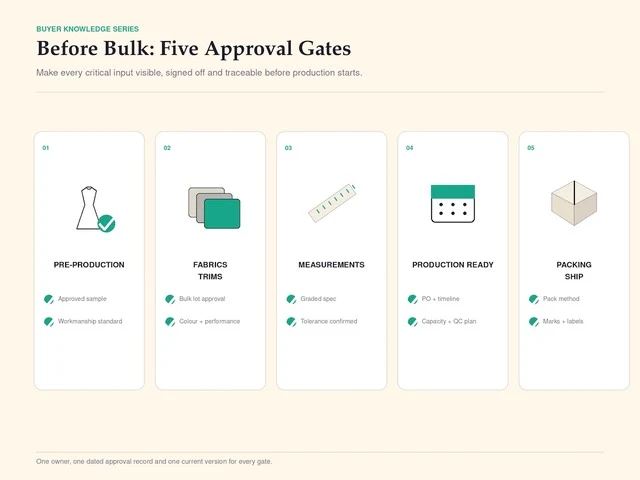 An illustration of five approval gates in the pre-production sequence