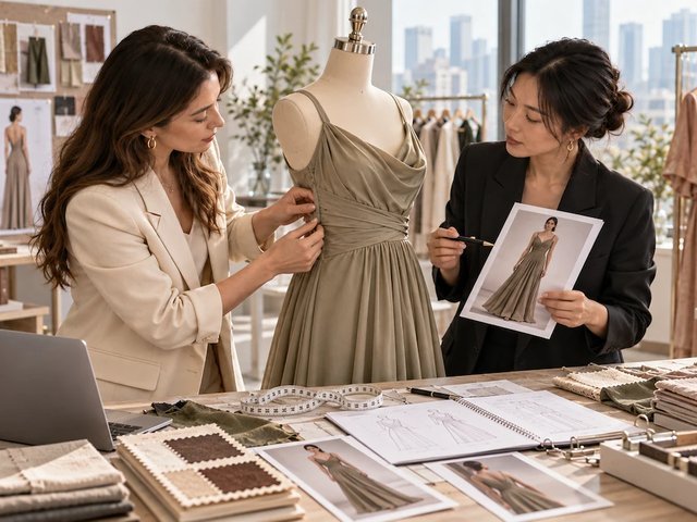 Womenswear development team reviewing a reference photo while developing a dress sample on a mannequin