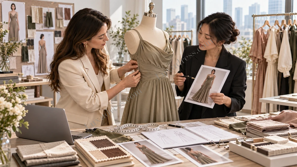 Reference Photo Design Review for Dress Development Womenswear development team reviewing a reference photo while developing a dress sample on a mannequin